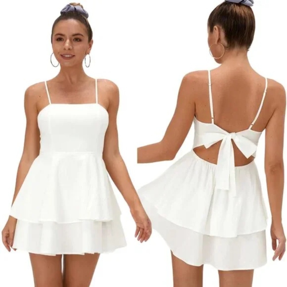 Halara Everyday Adjustable Straps Tie Back Tiered Ruffle Mini Dress Women’s L